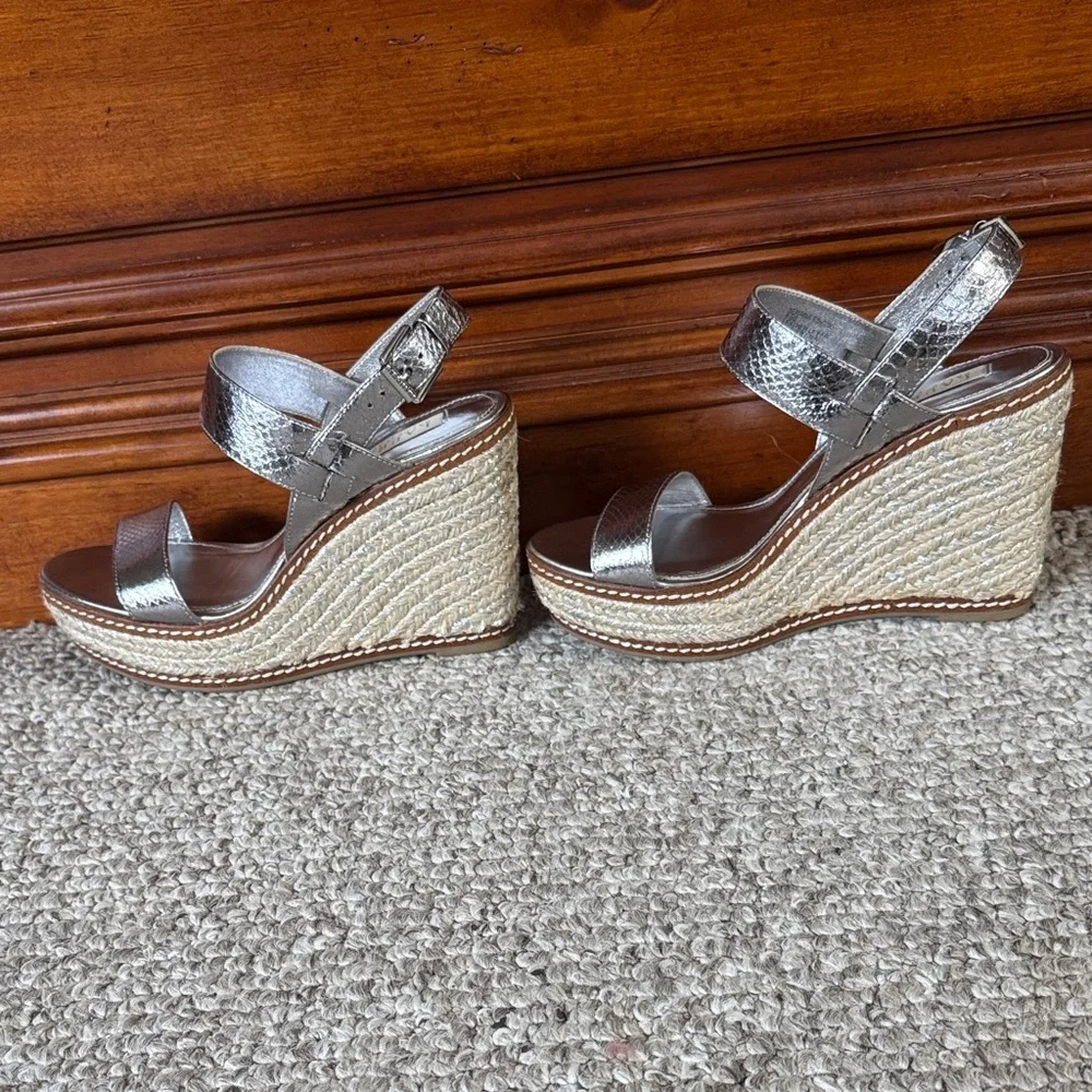 Ralph Lauren Silver Leather Wedge Sandals - Picture 1 of 3